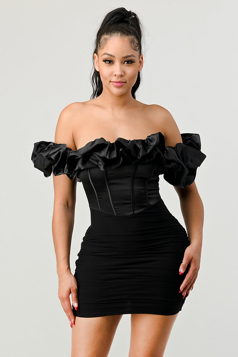 Satin Ruffle Mesh Dress