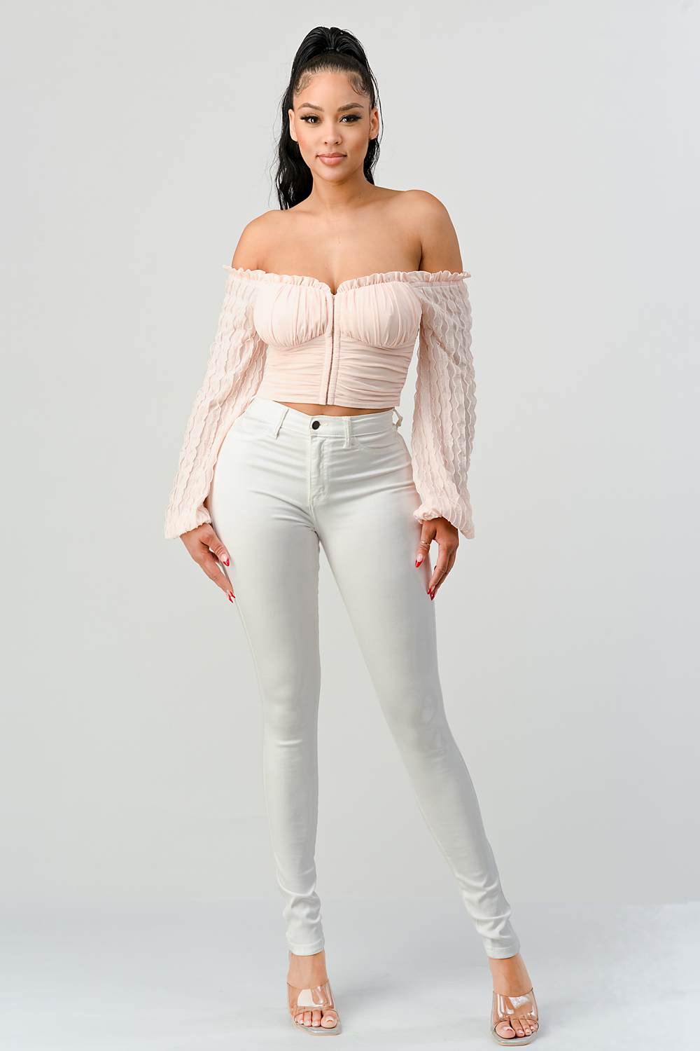 Off-Shoulder Textured Sleeve Top
