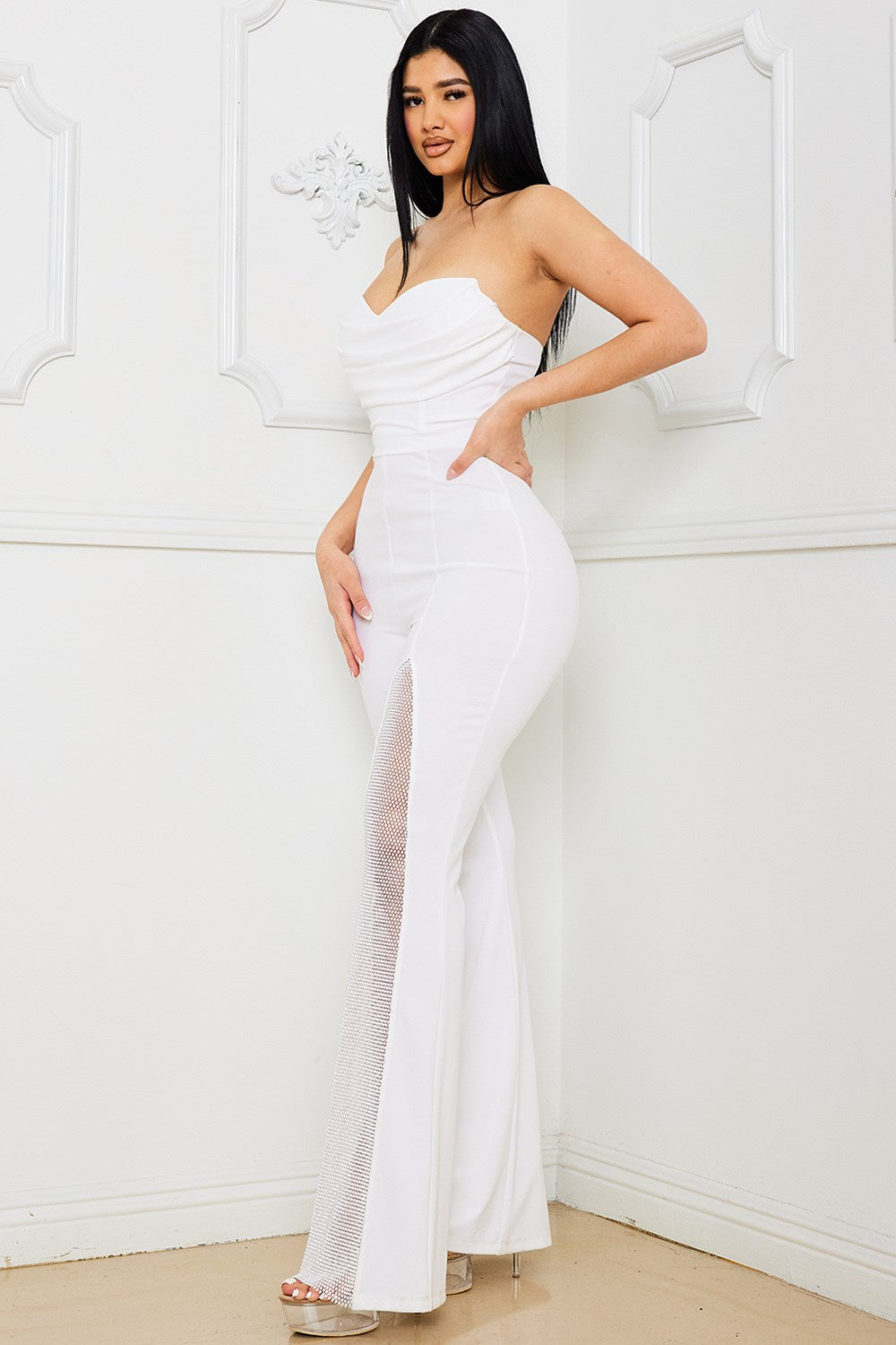 Rhinestone Mesh Panel Jumpsuit