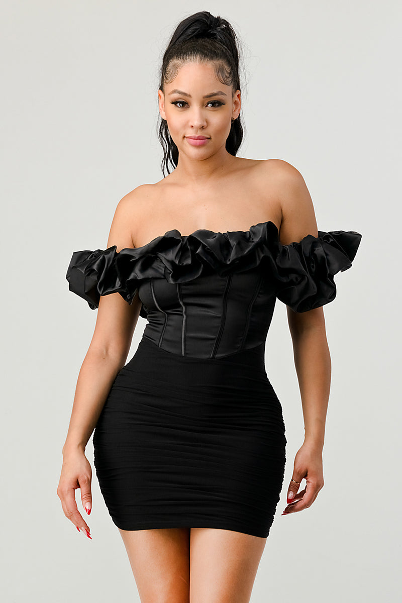 Satin Ruffle Mesh Dress