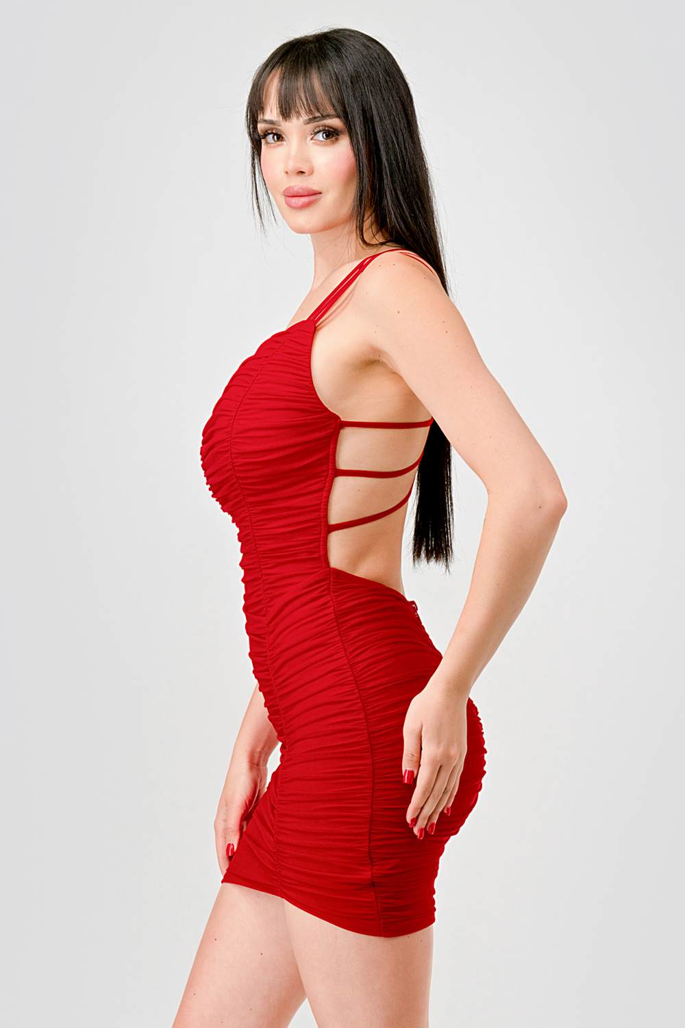 Drawstring Back Ruched Mini Dress