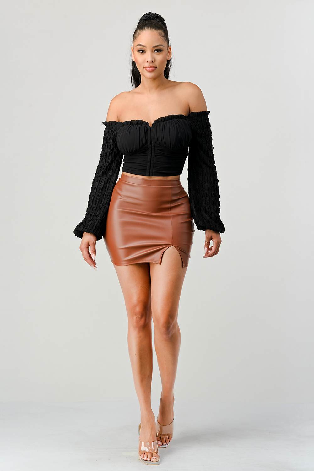 Off-Shoulder Textured Sleeve Top