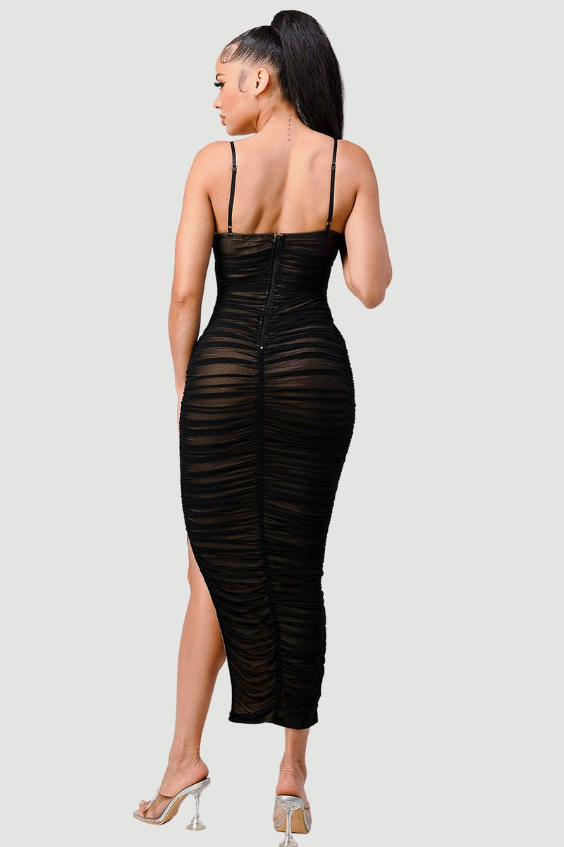 Luxe Mesh Ruched Maxi Dress