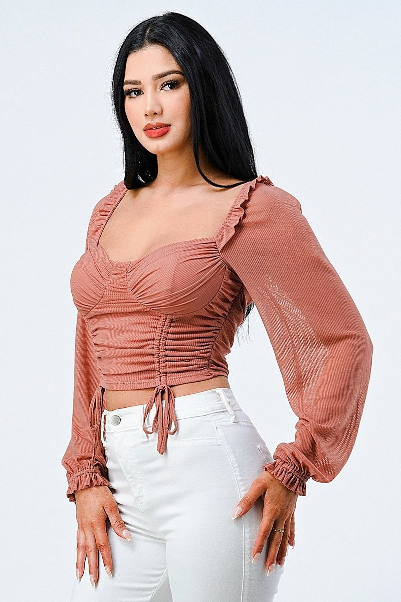 Ruched Crop Top with Puff Sleeves