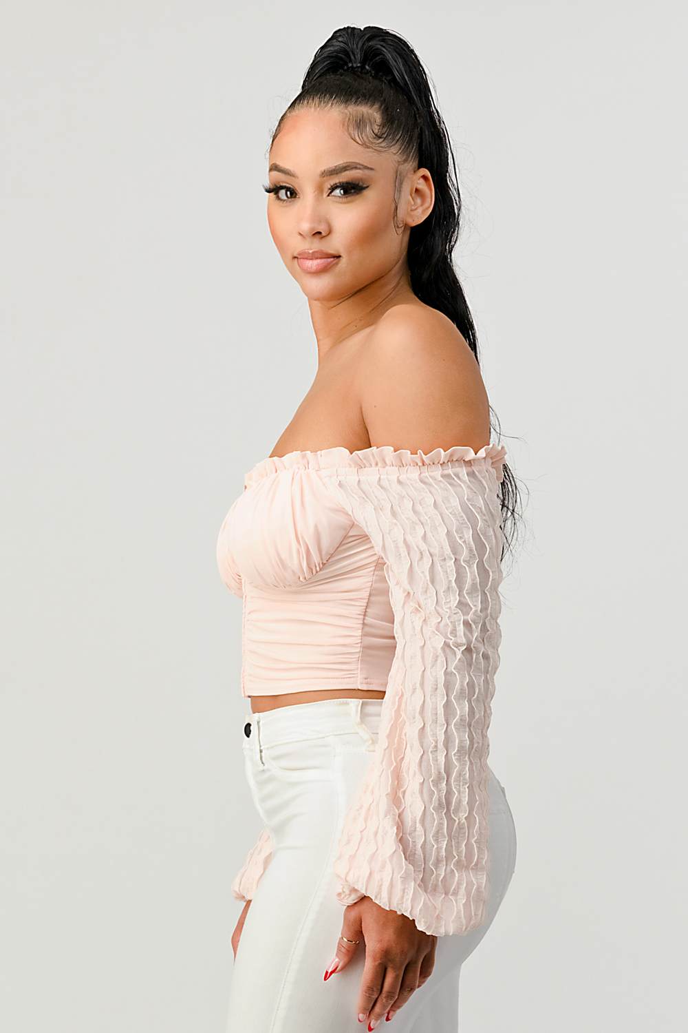 Off-Shoulder Textured Sleeve Top