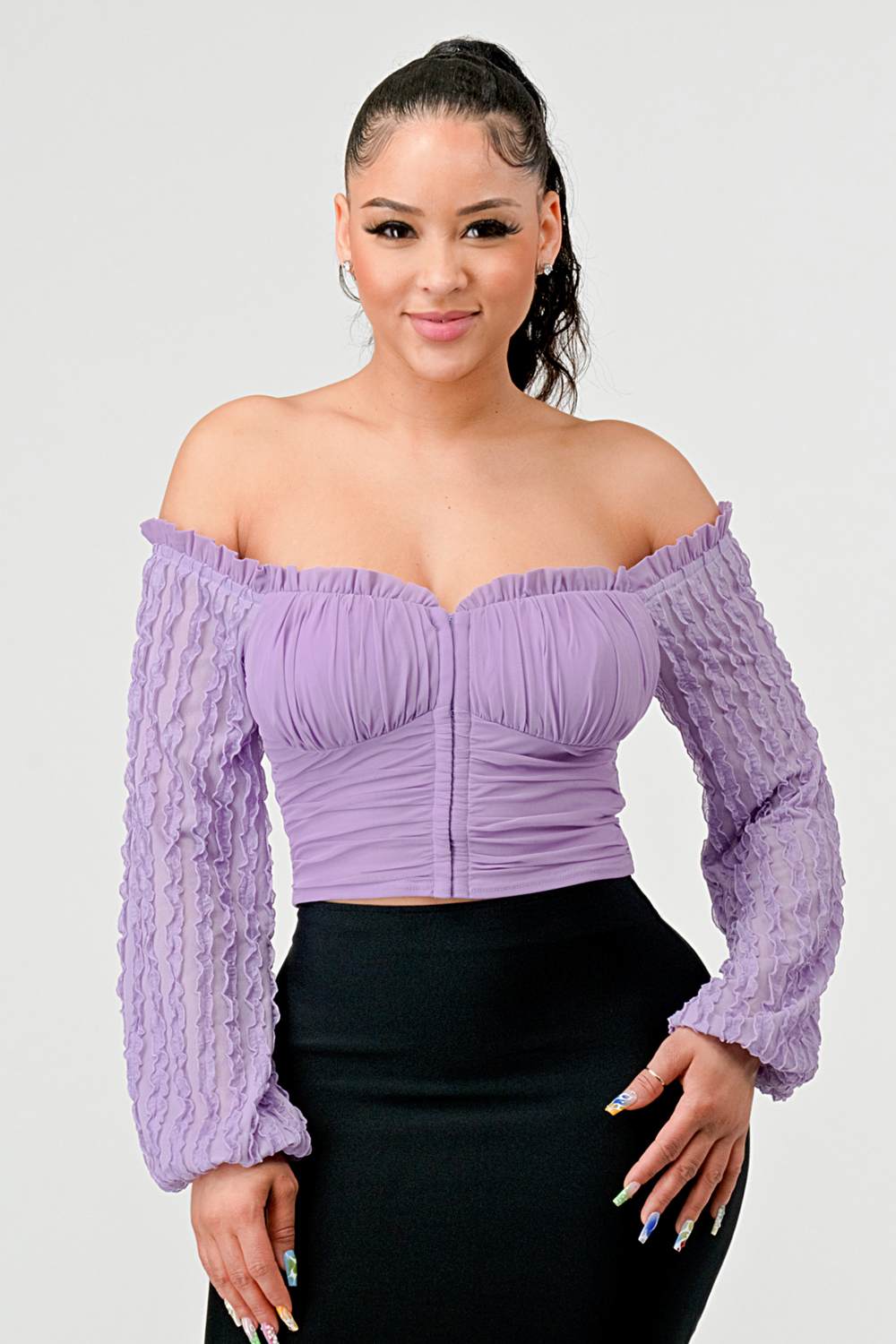 Off-Shoulder Textured Sleeve Top