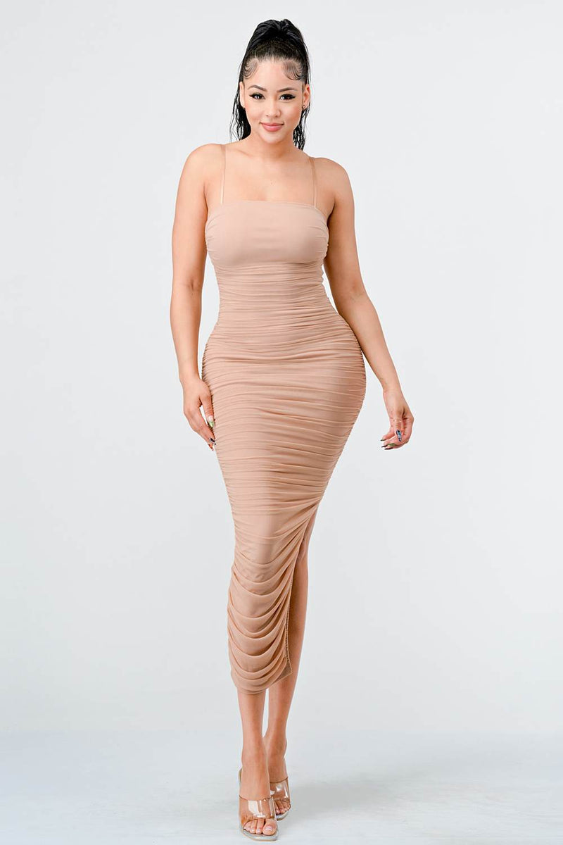 Luxe Mesh Ruched Maxi Dress
