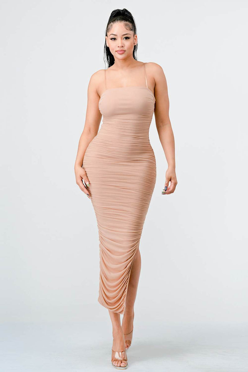 Luxe Mesh Ruched Maxi Dress